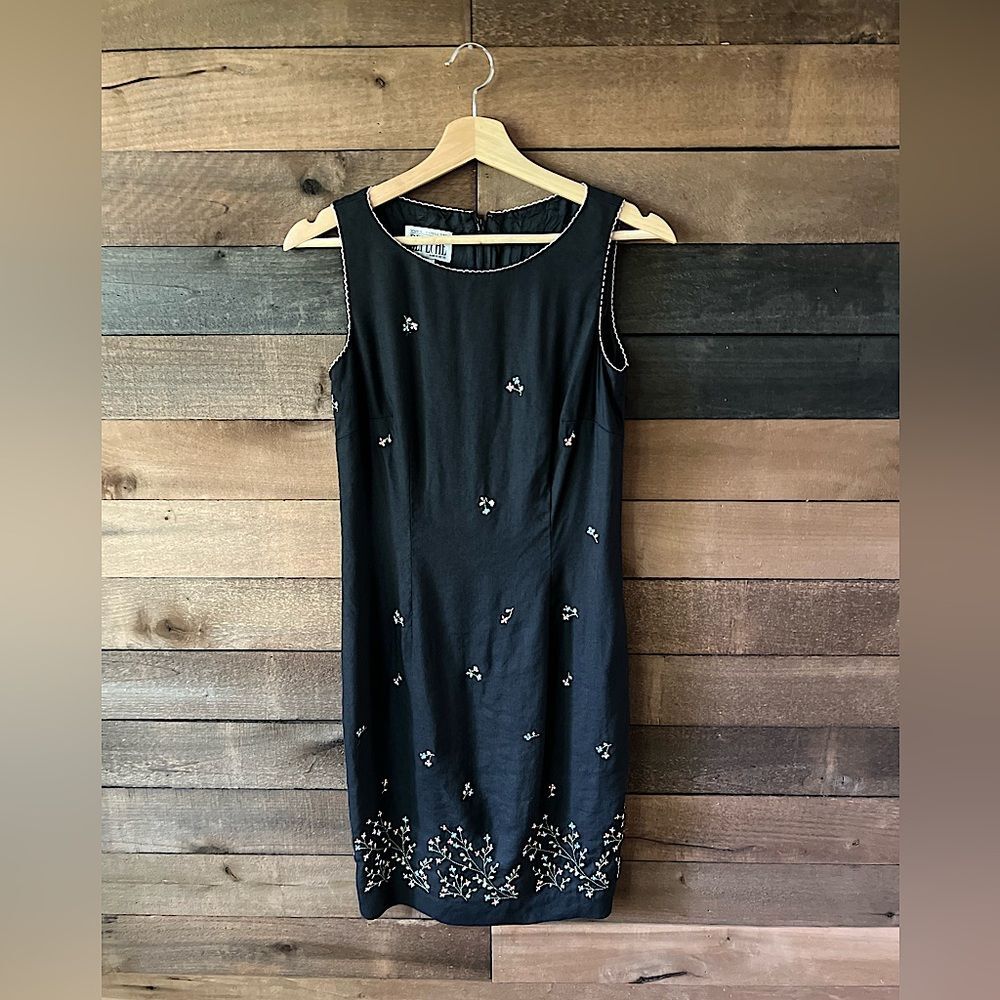 Vintage Yves Cossette Depetite Modee Black Floral Embroidered Linen Dress 4